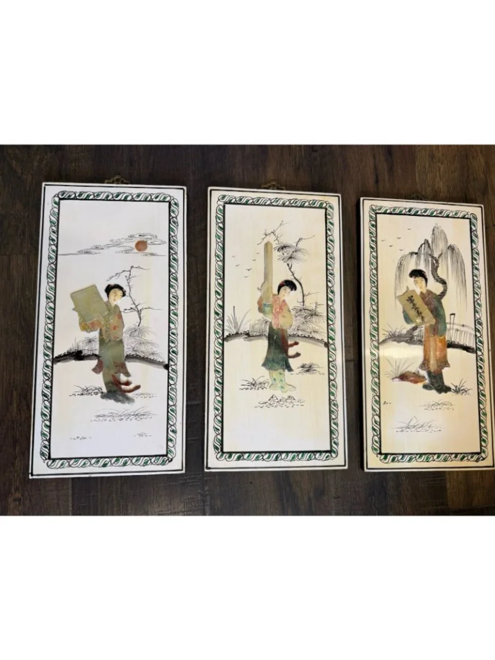 Vtg Lacquered Chinese Handcarved Soapstone 3D White Panel Set of 3 Wall Hangings